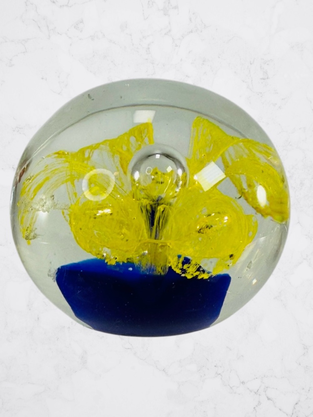 Yellow Flower Cobalt Blue Hand Blown Glass Round Paperweight Sunburst Bubble
